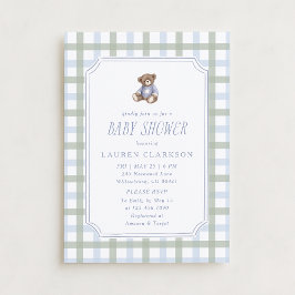 Convites Preppy Teddy Bear Blue and Sage Plaid Baby Shower 