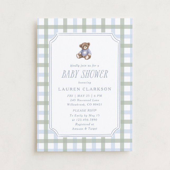 Convites Preppy Teddy Bear Blue and Sage Plaid Baby Shower  (Criador carregado)