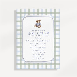 Convites Preppy Teddy Bear Blue and Sage Plaid Baby Shower 