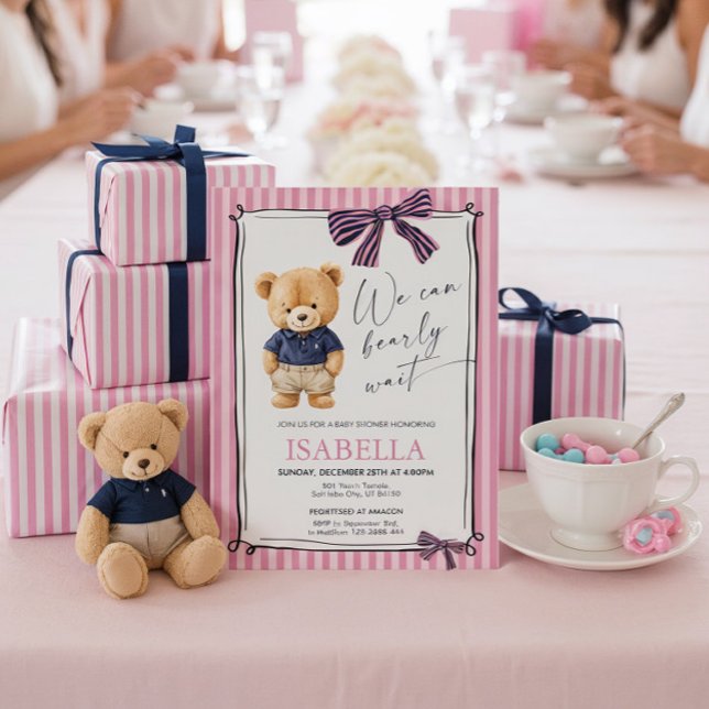 Convites Preppy Teddy Bear Pink Baby Shower  (Criador carregado)