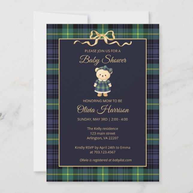 Convites Preppy Teddy Bear Plaid Baby Shower Invitation (Frente)