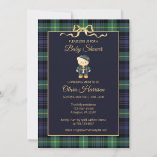 Convites Preppy Teddy Bear Plaid Baby Shower Invitation