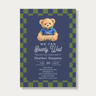 Convites Preppy Teddy Bearly Wait Checkboard Baby Shower