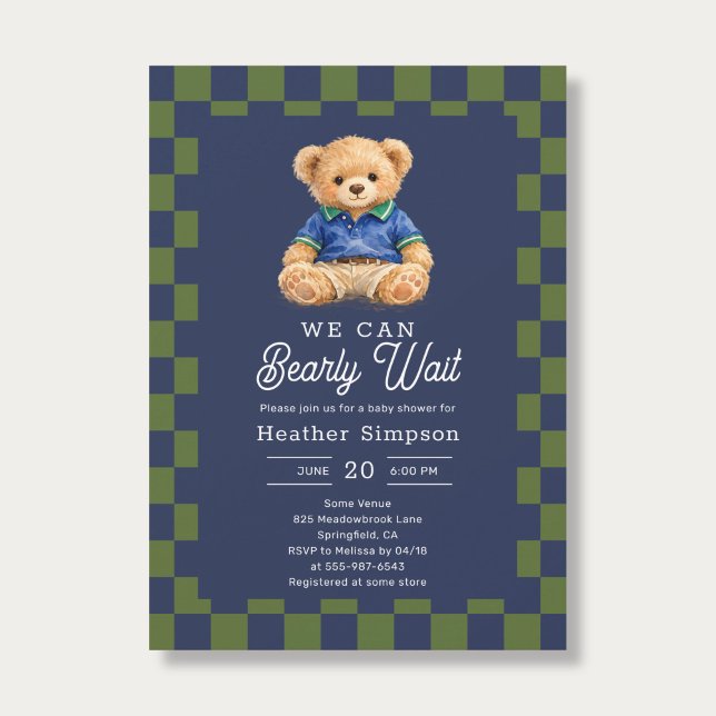 Convites Preppy Teddy Bearly Wait Checkboard Baby Shower (Criador carregado)