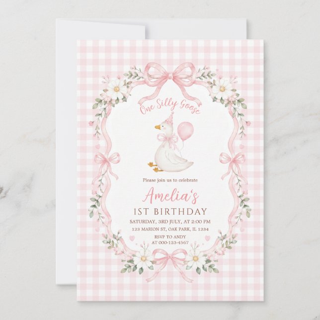 Convites Preppy Um Ganso Bobo Arco Rosa Menina 1º Aniversár (Frente)