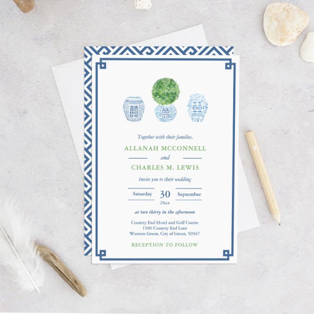 Convites Preppy Verde e Azul Caixa de Buxo Pintada à Mão pa (Smart Navy Blue And Green Greek Key Boxwood Wedding Invitation)