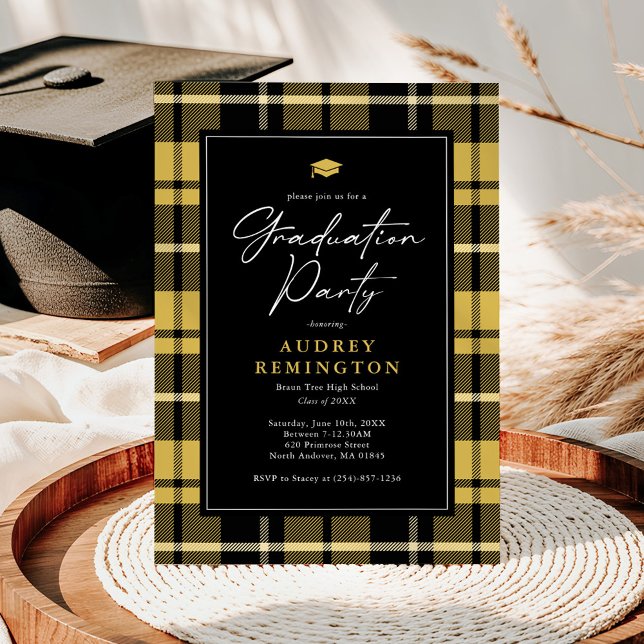 Convites Preppy Yellow Black Tartan Graduation (Criador carregado)
