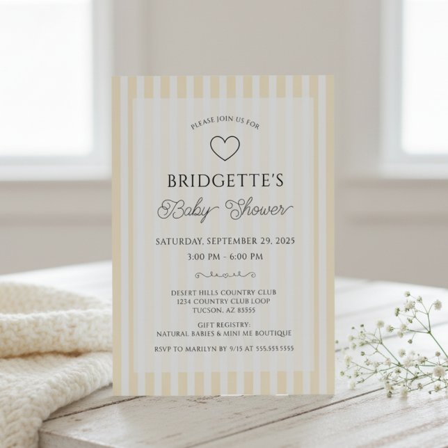 Convites Preppy Yellow White Stripes Baby Shower (elegant chic butter yellow and white stripes preppy baby shower invitations)