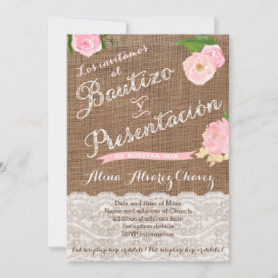 Convites Presentación de Bautizo y, niña, arpillera, enca