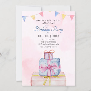 Convites Presente aniversário azul-rosa pastel