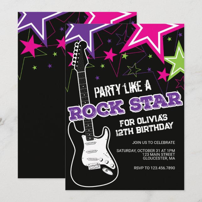 Convites Presente de aniversário de guitarra rosa roxa Rock (Frente/Verso)