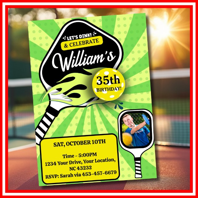 Convites Presente de aniversário RETRO Verde Esportes PHOTO (Pickleball RETRO Green Sports PHOTO Birthday Invitation)