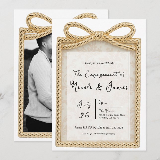 Convites Presente de Arco de Ouro Foto de Engajamento Prese (Frente/Verso)