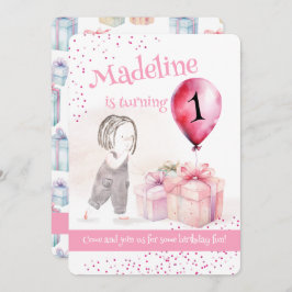 Convites Presente de Balão Rosa, primeiro aniversario-, Cut