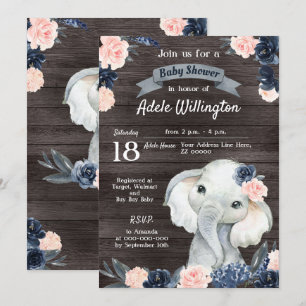 Convites Presente de Elefante Aquarela Floral Azul Rosa Mad