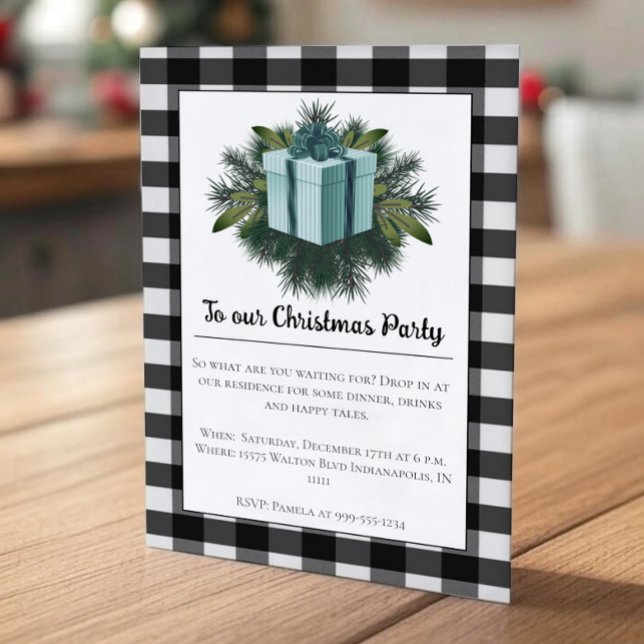 Convites Presente de Natal na Xadrez de Buffalo | Teal (Teal Buffalo Plaid Christmas Gift Holiday Party Invitation)