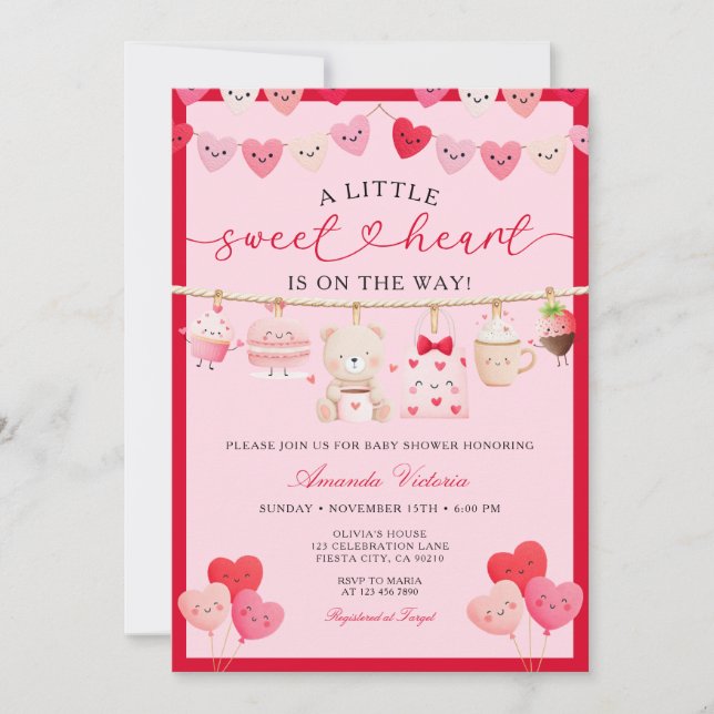 Convites Presente de Urso de São Valentim Rosa Baby Shower (Frente)