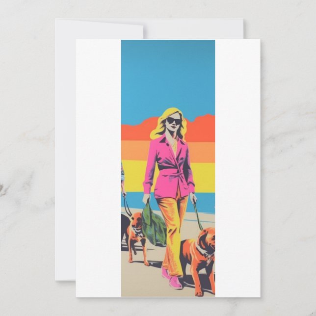 Convites Presente estilo popart, passeio de cão na praia (Frente)