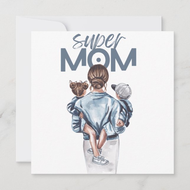 Convites Presente Personalizado Super Mãe com Filho e Filha (Frente)