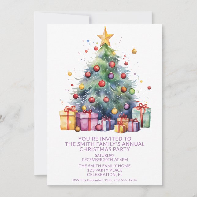 Convites Presentes de árvore de Natal Roxo Festa (Frente)