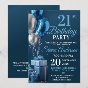 Convites Presentes de balões aniversário de 21 anos azuis