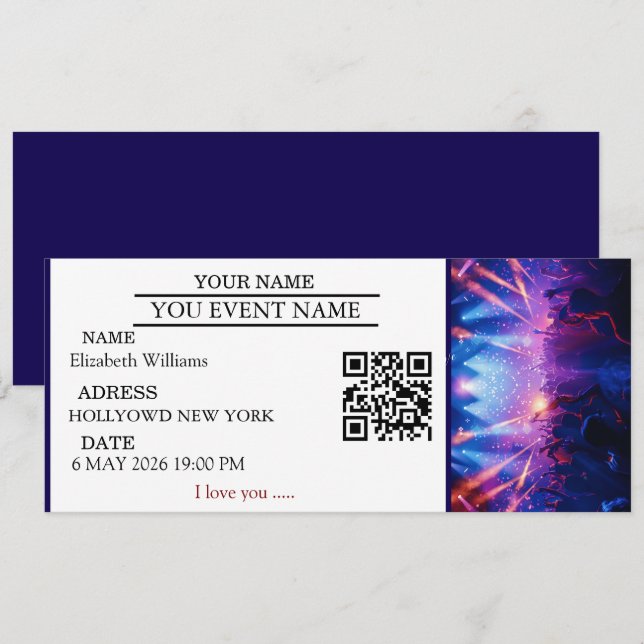 Convites Presentes de Ingresso de Concerto Personalizado Pr (Frente/Verso)