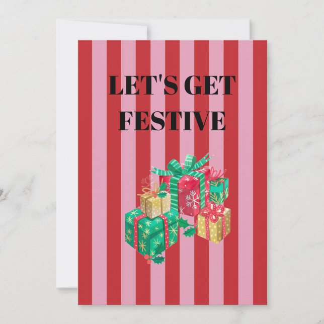 Convites Presentes de Natal com listras rosa e vermelha (Frente)