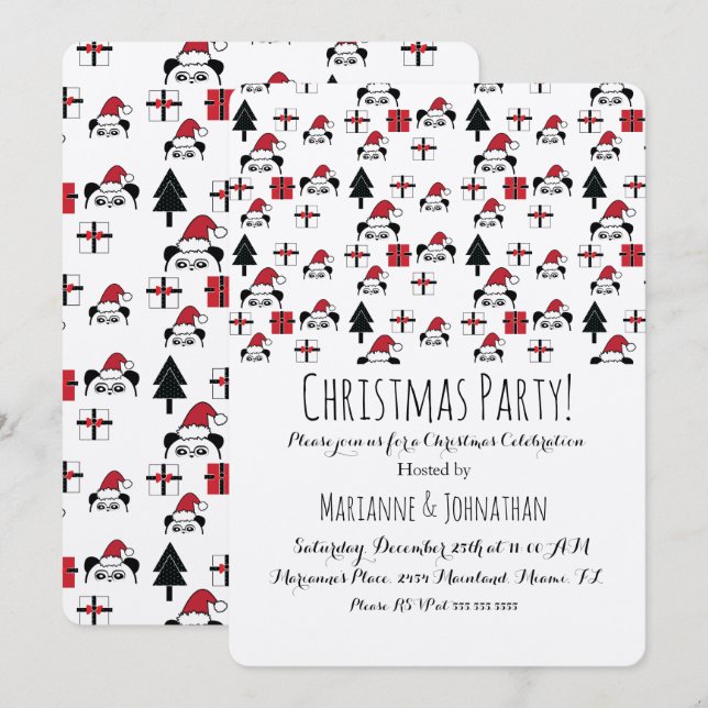 Convites Presentes de Natal Panda Árvores de Natal (Frente/Verso)