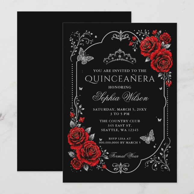 Convites Preta Prata Floral Borboleta Quinceanera (Frente/Verso)