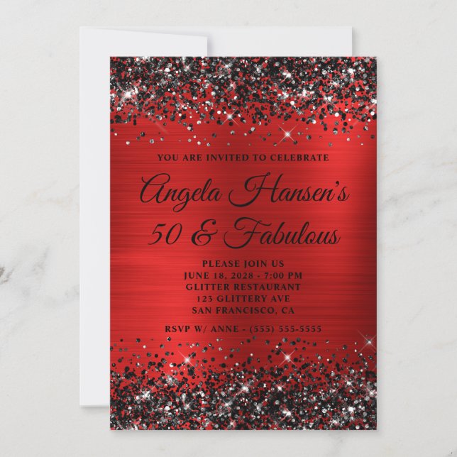 Convites Pretérito Glitter Vermelho com Brilho 50 e Fabulos (Frente)