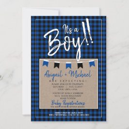 Convites Preto + Azul É um Chá de fraldas de Xadrez Buffalo