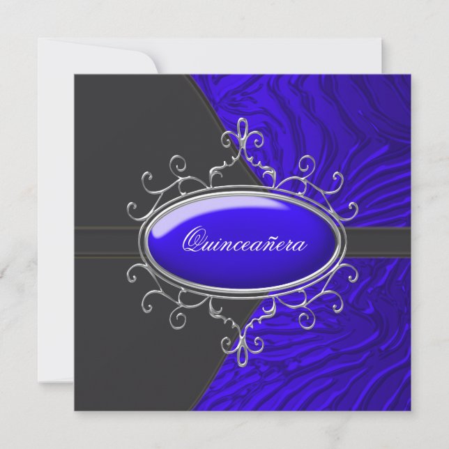 Convites Preto Azul Real Zebra Quinceanera (Frente)