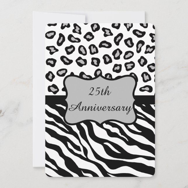 Convites Preto Branco Cinza Zebra Leopardo 25º Aniversário (Frente)
