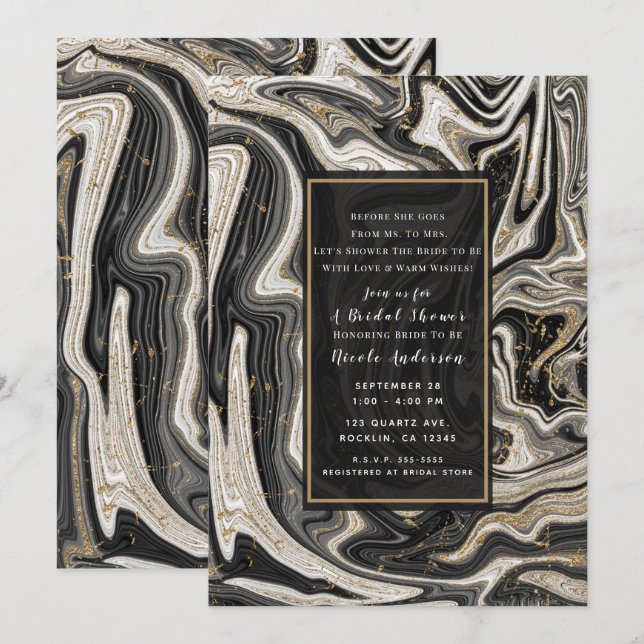 Convites Preto Branco e Dourado Chic Swirl Moderno Chá de N (Frente/Verso)