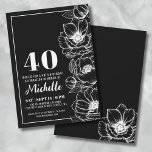 Convites Preto Branco Elegante Floral 40º Aniversário<br><div class="desc">Apresentando um convite de aniversário de 40 anos chique e elegante, perfeito para celebrar quarenta anos com estilo. O design apresenta um fundo preto elegante, criando um visual sofisticado em preto e branco no geral. Uma delicada arte linear de flores de anêmona desce pelo lado direito, adicionando um toque de...</div>