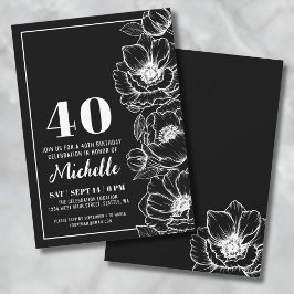 Convites Preto Branco Elegante Floral 40º Aniversário