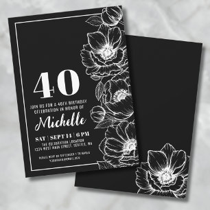 Convites Preto Branco Elegante Floral 40º Aniversário