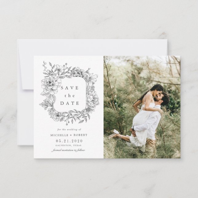 Convites preto branco elegante floral duas Foto Salvar a Da (Frente)