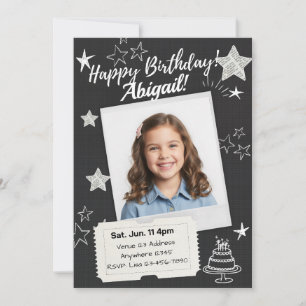 Convites Preto Branco Estrelas Polaroid Aniversário