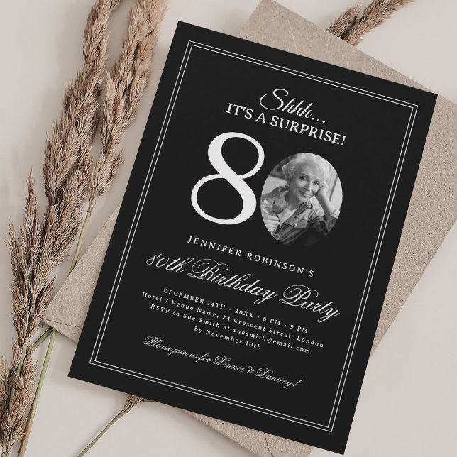 Convites Preto + Branco | Festa Surpresa de 80 Anos (Black + White | Surprise 80th Birthday Party Invitation)