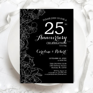 Convites Preto Branco Floral 25º Aniversário