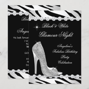 Convites Preto Branco Glamour Noite Zebra Brilho Salto Alto