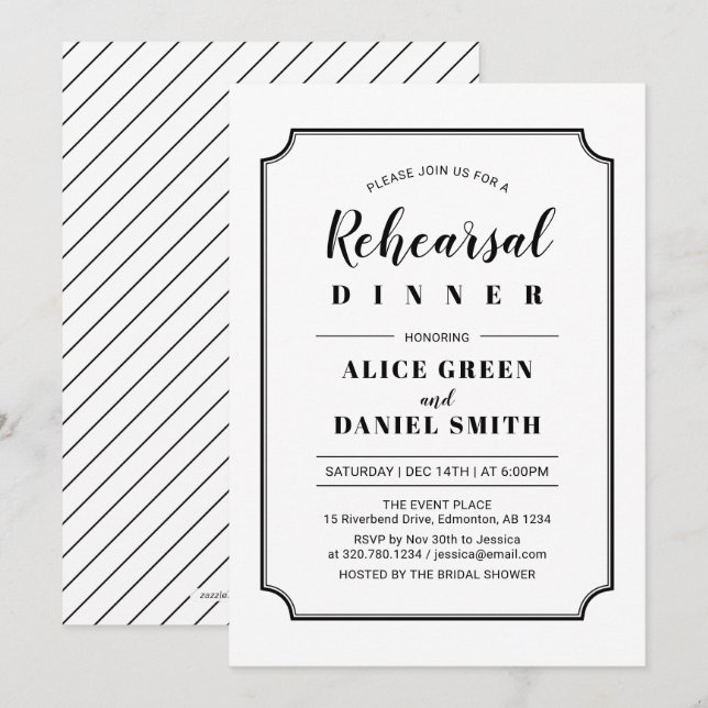 Convites Preto & Branco | Jantar de Ensaio de Casamento Clá (Frente/Verso)