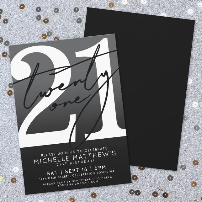 Convites Preto Branco Moderno 21º Aniversário (Black White Modern 21st Birthday Invitation)