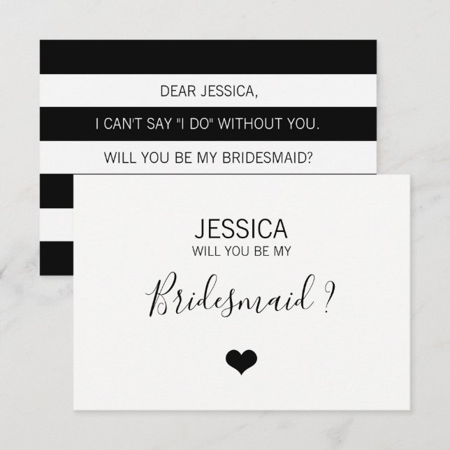 Convites Preto Branco Moderno Você Será Minha BRIDESMAID? (Frente/Verso)