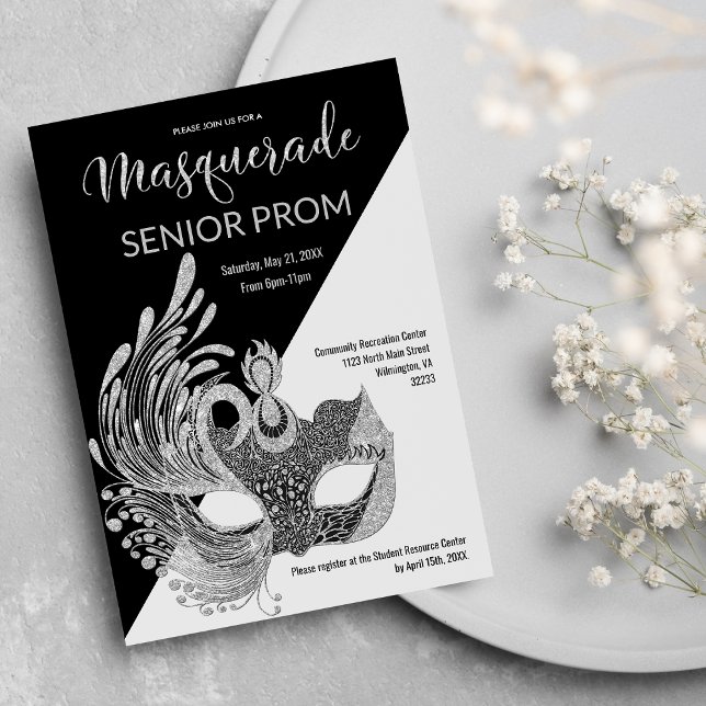 Convites Preto Branco Prata Brilho Máscara Promoção (Black White Silver Glitter Masquerade Prom)