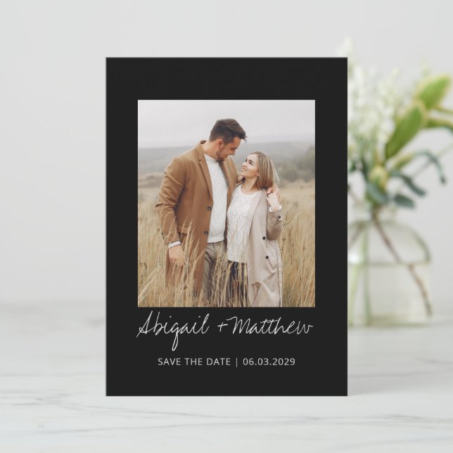 Convites Preto Branco Simples Manuscrito Salvar A Foto Da D (Em pé/Frente)