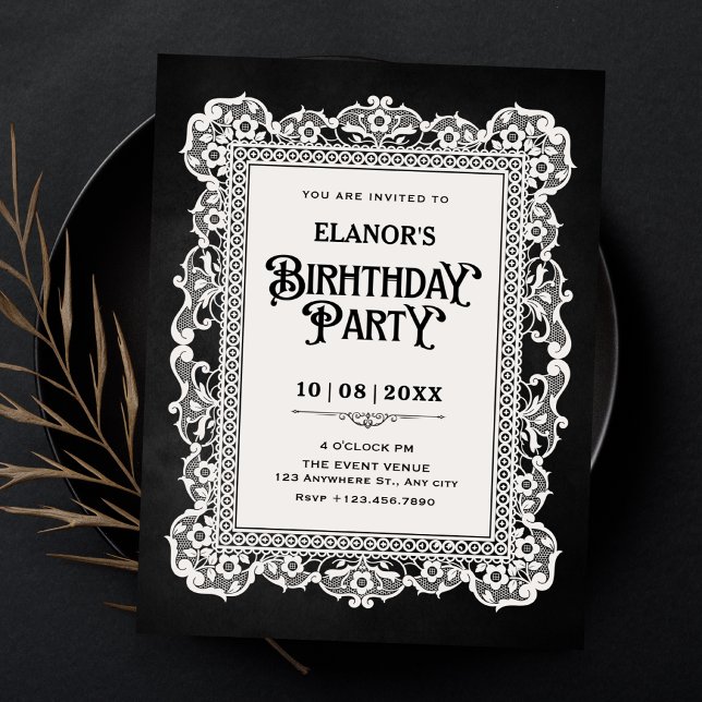 Convites Preto branco vintage barroco aniversário (Criador carregado)