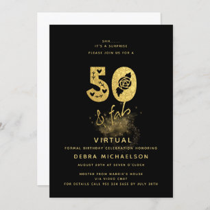 Convites Preto brilhante e Dourado 50 & Fab Virtual Birthda