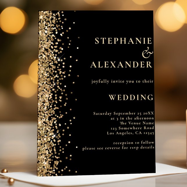 Convites Preto com Casamento Dourado com Código QR Glitter (Criador carregado)